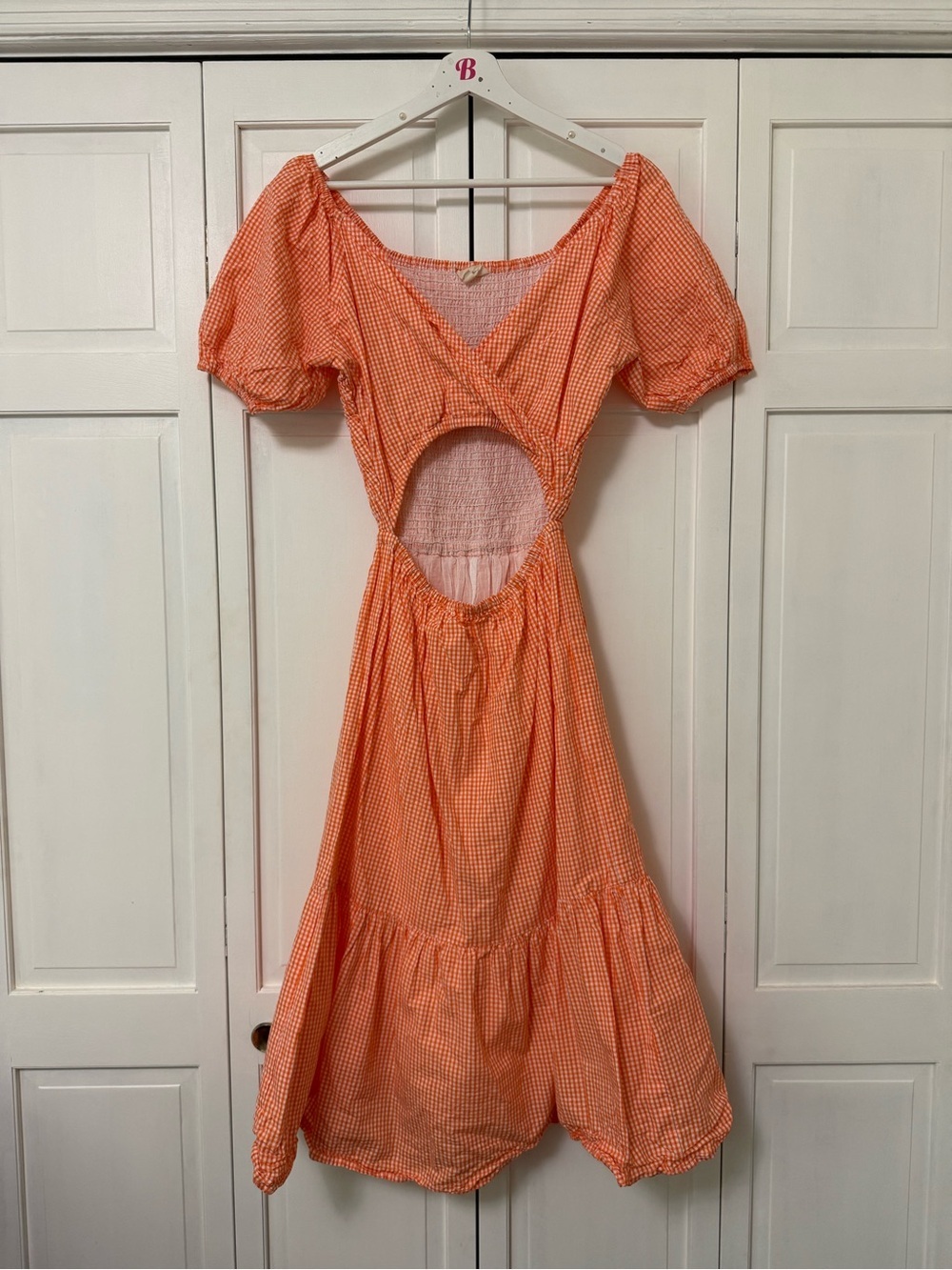Sim & Sam Orange Gingham Cutout Midi Dress Puff Sleeve Cottagecore Country